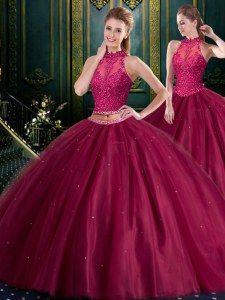 High End Floor Length Burgundy Quinceanera Dress Tulle Sleeveless Beading and Lace