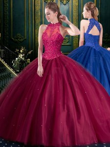 Modest Ball Gowns Quinceanera Dresses Burgundy High-neck Tulle Sleeveless Floor Length Lace Up