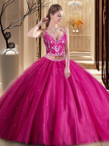 Hot Pink Lace Up Spaghetti Straps Beading and Appliques Quince Ball Gowns Tulle Sleeveless