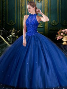 Low Price Beading and Appliques Sweet 16 Dress Navy Blue Lace Up Sleeveless Floor Length