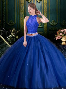 High-neck Sleeveless Tulle Vestidos de Quinceanera Beading and Lace Lace Up
