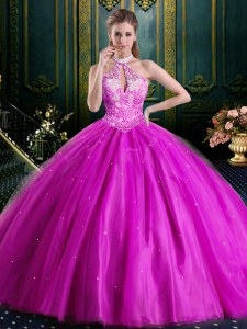 Fitting Halter Top Sleeveless Floor Length Beading and Lace and Appliques Lace Up Quinceanera Dresses with Fuchsia