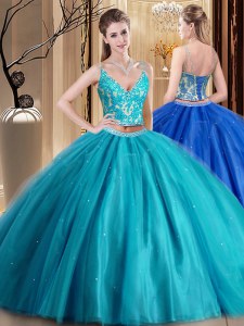 Sleeveless Tulle Floor Length Lace Up Ball Gown Prom Dress in Teal with Beading and Lace and Appliques