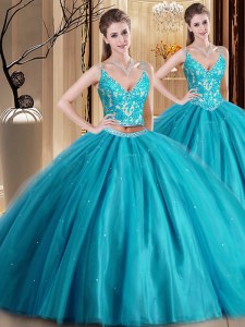 Customized Floor Length Teal Quince Ball Gowns Spaghetti Straps Sleeveless Lace Up