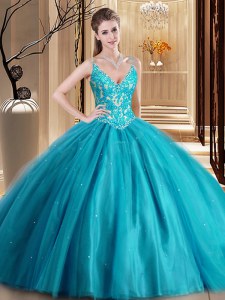 Enchanting Teal Sleeveless Tulle Lace Up Sweet 16 Dresses for Military Ball and Sweet 16 and Quinceanera