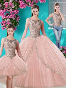 Fantastic Three Piece Scoop Sleeveless Lace Up Floor Length Beading and Appliques 15th Birthday Dress