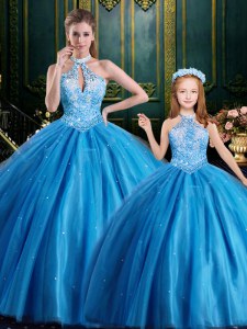 Sumptuous Halter Top Sleeveless Tulle Floor Length Lace Up Sweet 16 Dresses in Baby Blue with Beading and Appliques