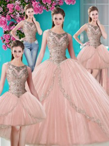Four Piece Scoop Beading and Appliques Sweet 16 Dress Peach Lace Up Sleeveless Floor Length