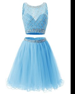 Super Baby Blue Organza Side Zipper Sweetheart Sleeveless Mini Length Prom Gown Beading and Belt