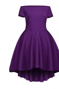 Great Purple Short Sleeves Satin Side Zipper Prom Dress for Prom and Party