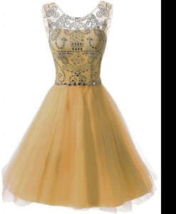 Flirting Scoop Gold A-line Beading Prom Party Dress Zipper Chiffon Sleeveless Knee Length