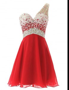 Elegant One Shoulder Sleeveless Chiffon Knee Length Criss Cross Prom Party Dress in Red with Beading