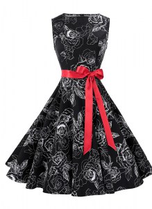 Affordable Scoop Black Sleeveless Knee Length Sashes ribbons and Pattern Zipper Prom Gown