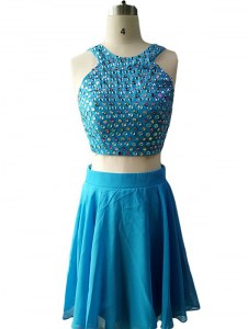 Scoop Sleeveless Chiffon Knee Length Zipper in Teal with Beading