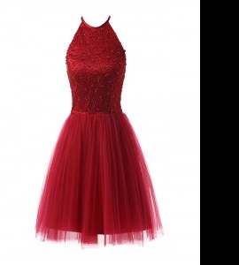 Knee Length Wine Red Prom Party Dress Scoop Sleeveless Zipper