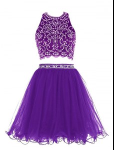 Scoop Purple Clasp Handle Prom Party Dress Beading Sleeveless Mini Length