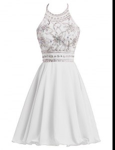 Lovely White Chiffon Zipper Halter Top Sleeveless Knee Length Prom Dress Beading