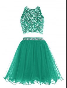 Pretty Scoop Sleeveless Mini Length Beading Clasp Handle Prom Dress with Green