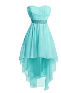 Aqua Blue Empire Sweetheart Sleeveless Organza High Low Lace Up Ruching and Belt Prom Party Dress