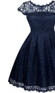 Scalloped Short Sleeves Tea Length Lace Zipper Evening Dress with Navy Blue