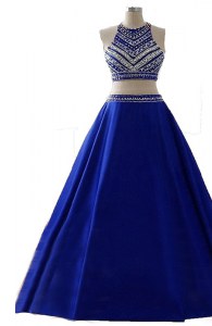 Scoop Floor Length Royal Blue Prom Party Dress Chiffon Sleeveless Beading
