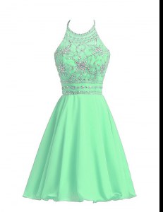 Glittering Halter Top Apple Green Chiffon Zipper Prom Party Dress Sleeveless Knee Length Beading