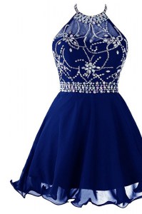 Spectacular Halter Top Royal Blue Zipper Prom Dresses Beading Sleeveless Mini Length