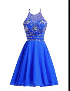 Customized Royal Blue A-line Halter Top Sleeveless Chiffon Knee Length Zipper Beading Prom Dress