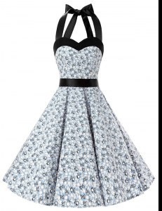 Adorable Halter Top Sleeveless Chiffon Knee Length Zipper Prom Dress in White And Black with Sashes ribbons and Pattern
