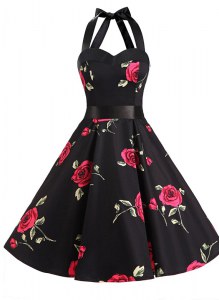 Fine Halter Top Sashes ribbons and Pattern Prom Gown Black Zipper Sleeveless Knee Length