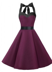 Halter Top Dark Purple Sleeveless Knee Length Sashes ribbons Zipper Prom Evening Gown