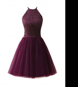 Fashionable A-line Evening Dress Dark Purple Scoop Chiffon Sleeveless Knee Length Zipper