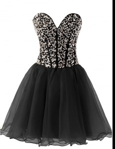 Black A-line Chiffon Sweetheart Sleeveless Beading Knee Length Lace Up Prom Gown