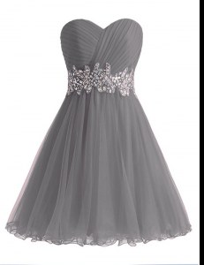 Elegant Grey Sweetheart Lace Up Beading and Ruching Prom Party Dress Sleeveless