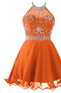 Sumptuous Orange A-line Organza Halter Top Sleeveless Beading Mini Length Zipper Prom Dress