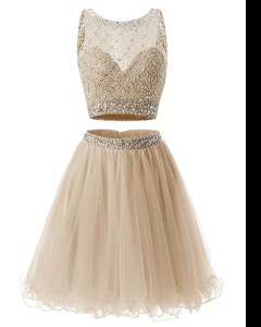Lovely Sweetheart Sleeveless Prom Evening Gown Mini Length Beading and Belt Champagne Organza