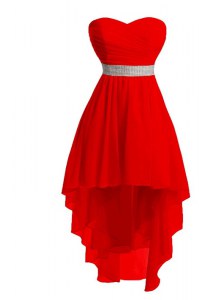 Spectacular Red Sleeveless Belt High Low Prom Gown