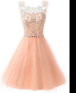 Beauteous Scoop Peach Chiffon Zipper Prom Dress Sleeveless Knee Length Beading