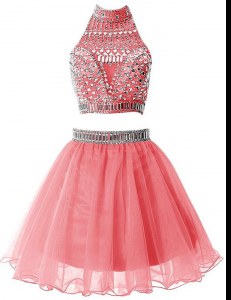 Super Watermelon Red A-line High-neck Sleeveless Chiffon Mini Length Zipper Beading Dress for Prom