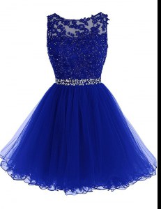 Pretty Royal Blue Scoop Zipper Beading and Lace Homecoming Dress Sleeveless