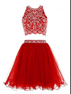 Empire Prom Dresses Red Scoop Chiffon Sleeveless Mini Length Clasp Handle