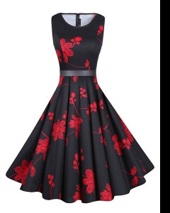 Stylish A-line Homecoming Gowns Red And Black Scoop Chiffon Sleeveless Knee Length Zipper