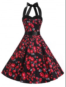 Popular Halter Top Knee Length A-line Sleeveless Red And Black Dress for Prom Zipper