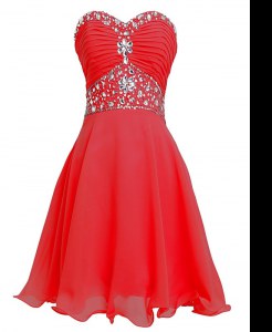 Deluxe Red Empire Organza Sweetheart Sleeveless Beading and Belt Mini Length Lace Up Prom Dress