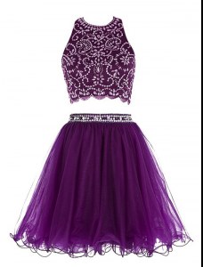 Perfect Scoop Mini Length Clasp Handle Celebrity Inspired Dress Purple for Prom and Party with Beading