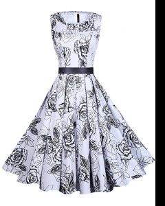 Knee Length White And Black Evening Dress Scoop Sleeveless Zipper