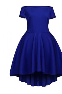 Hot Sale Blue Side Zipper Pageant Dress for Teens Ruching Short Sleeves Tea Length