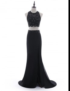 Custom Made Scoop Sleeveless Homecoming Dress With Brush Train Beading and Lace Black Chiffon