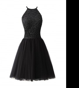 Unique Scoop Sleeveless Chiffon Knee Length Zipper Prom Dress in Black with Beading