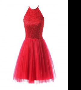 Extravagant Scoop Sleeveless Tulle Knee Length Zipper Homecoming Dress in Coral Red with Beading